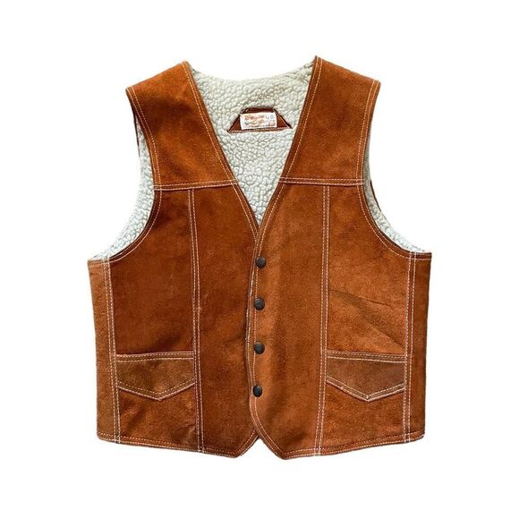 Vintage Jackets & Blazers - Vintage Leather Gilet Suede Leather Sherpa Lined Vest Brown Size Medium